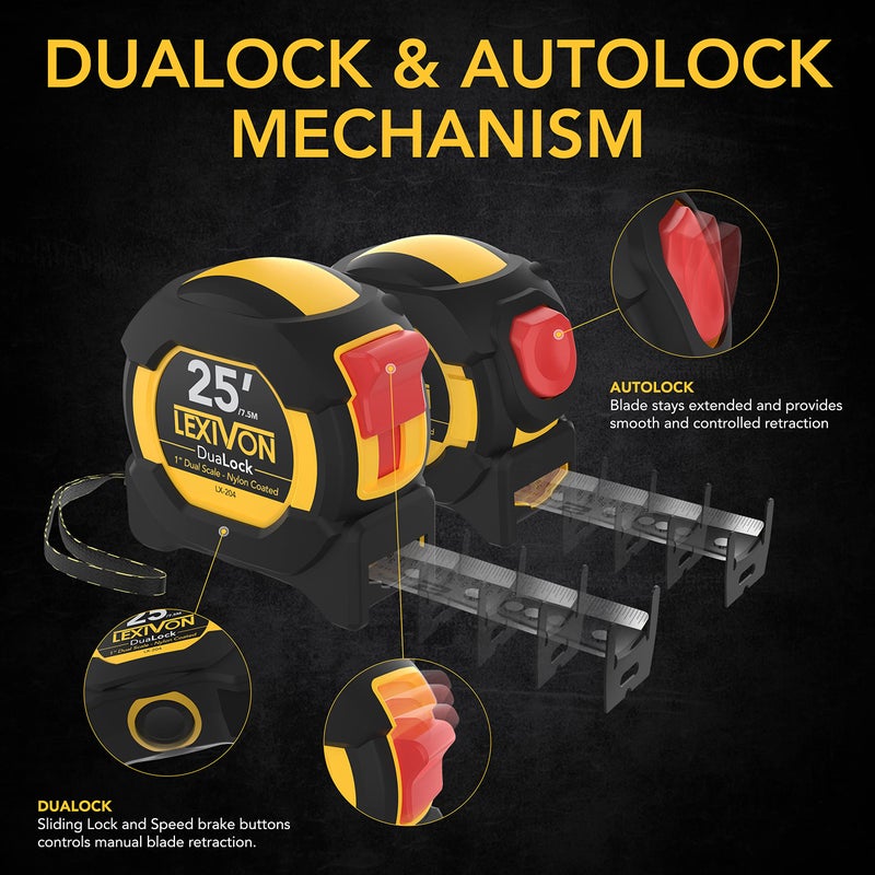LEXIVON [4 عبوات] شريط قياس 25 قدم/7.5 متر، DuaLock و AutoLock | شفرة بعرض 1 بوصة مع طلاء نايلون، تشطيب غير لامع أبيض وأصفر مطبوع على الجانبين | قدم/بوصة/كسور/متر (LX-204X2) - Image 5